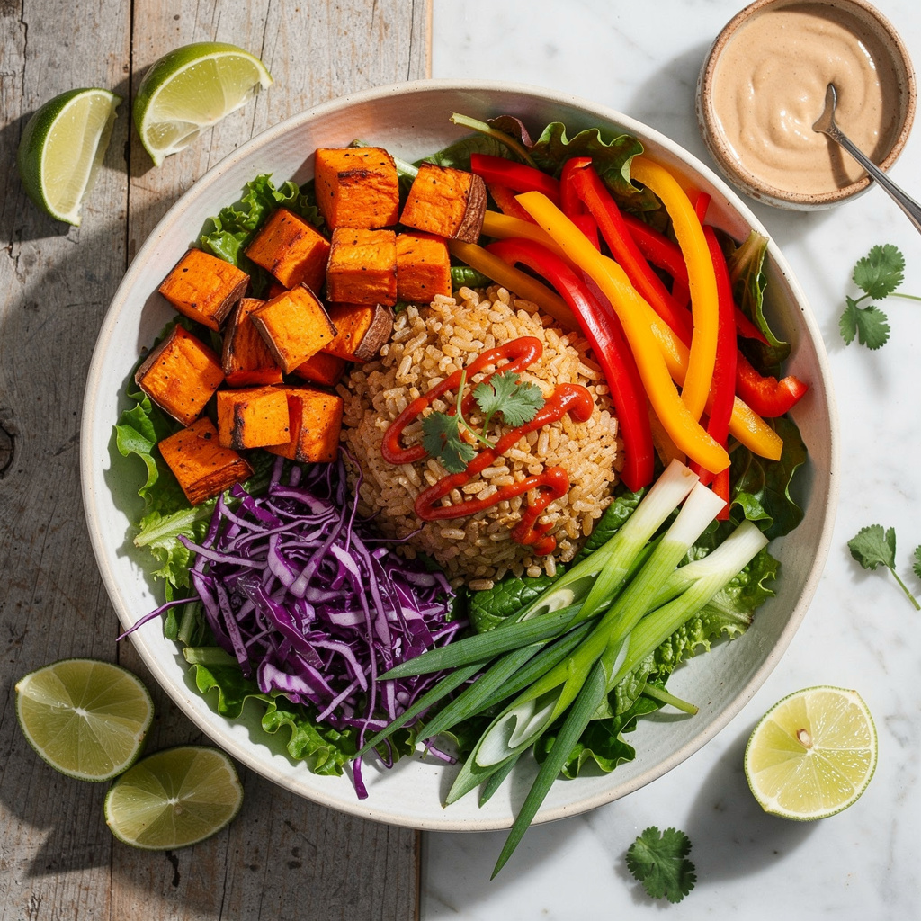 In shallow bowls arrange sweet potatoes, cabbage, bell peppers, and scallions. Top with a scoop of brown rice mixture. Drizzle with sriracha sauce and top with cilantro sprigs. Serve with lime wedges and Almond Butter-Lime Dressing on the side.