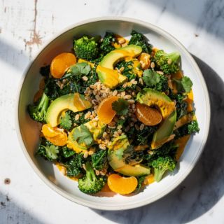 Kale and Farro Salad with Orange-Avocado Dressing