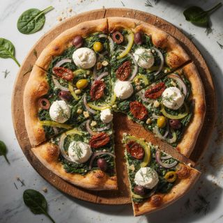 Pizza with Creamed Spinach, Sun-Dried Tomatoes, Red Onion, and Olives