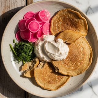 Blini with Tofu Cream & Pickled Radish