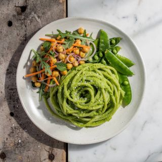 Chilled Noodle Bowls with Mixed Veggies and Minted Pea Dressing