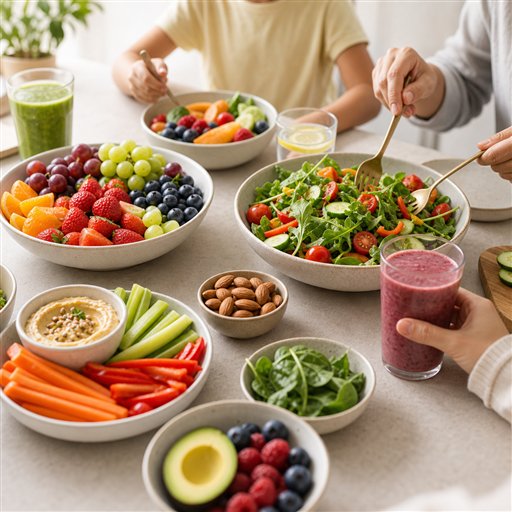 A family table with colorful produce and whole foods